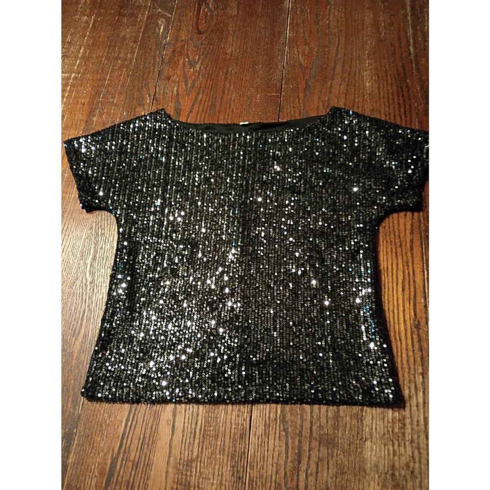 Small Black Sequin Embellished Short Sleeve Round Neck Pullover Blouse Shirt Top
